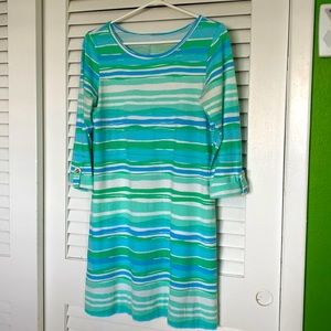 Lilly Pulitzer, blue and green striped three-quarter length sleeve dress.